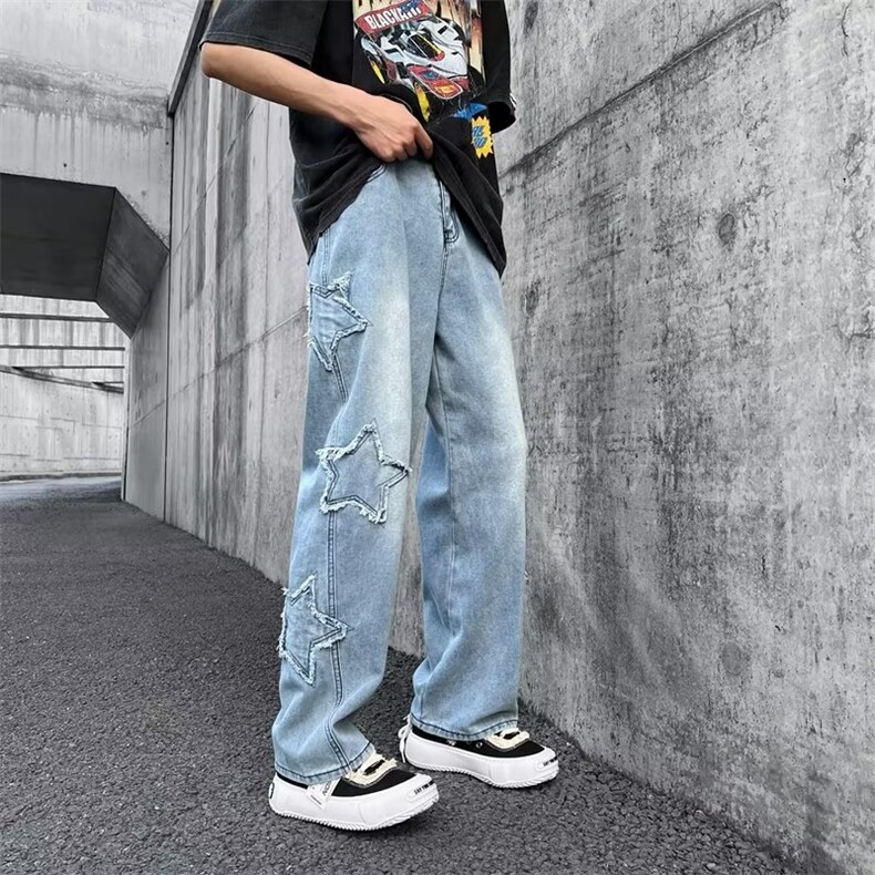 欧美vibe风五角星牛仔裤男hiphop高街潮拖地裤阔腿直筒裤NJ61-P45图片