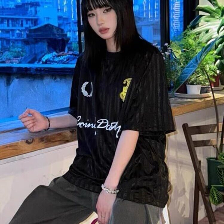 美式夏季运动潮流百搭休闲宽松女复古暗纹拼接设计感圆领短袖T恤,男装T恤,星座1210-1