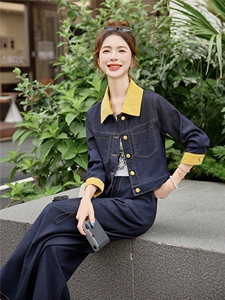 （新款现货）2026春装时尚拼接针织牛仔阔腿裤套装（两件套）图片