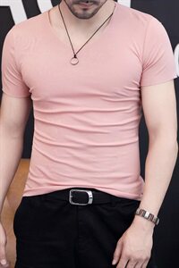 夏季纯色短袖圆领T恤男紧身肌肉男精神小伙健身粉色T9512图片