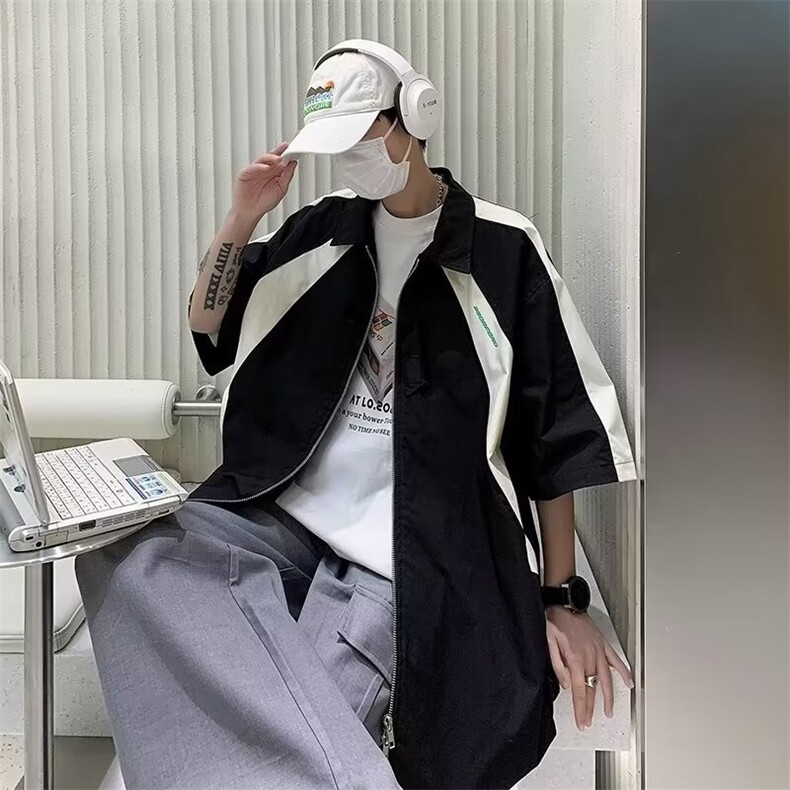 翻领撞色短袖衬衫双拉链五分袖CS42,男装衬衫,星座1116A-1（原606A）