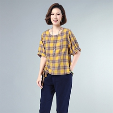 衬衫时尚百搭圆领短袖格子宽松2021年夏季，女装衬衫，独衣靓