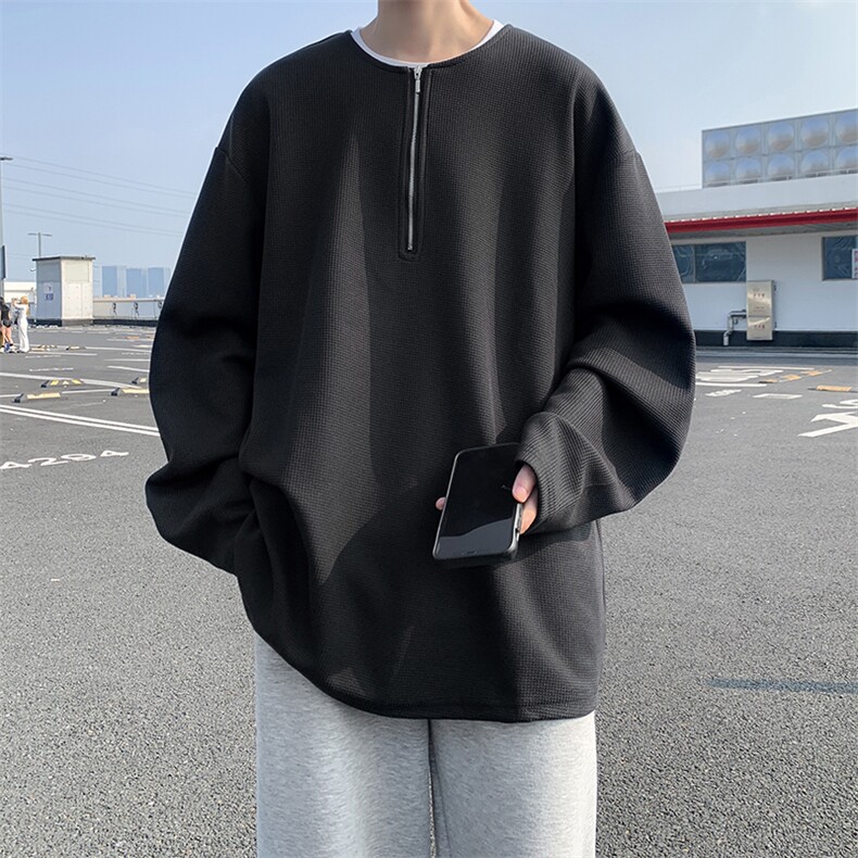 M~8XL半拉链华夫格宽松打底衫加肥加大码圆领长袖卫衣WY5102/P45,男装T恤,电商B238