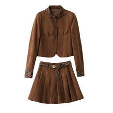 撞色豹纹拼接套装裙女2025秋新款洋气小个子减龄百褶裙两件套，女装套装/套裙，流量+