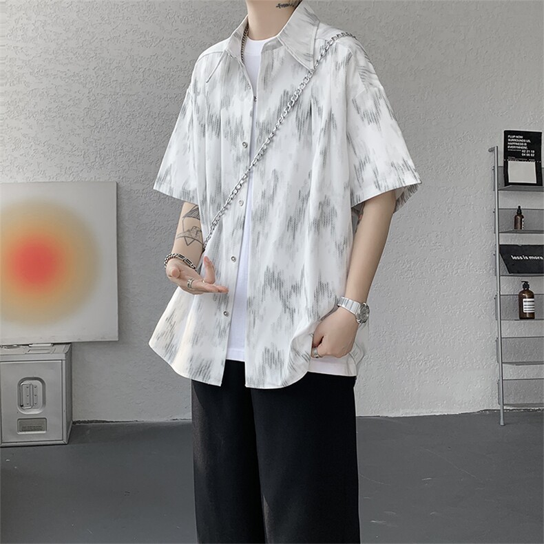男士夏季冰丝透气速干透气短袖衬衫美式宽松扎染双门禁西装衬衫图片