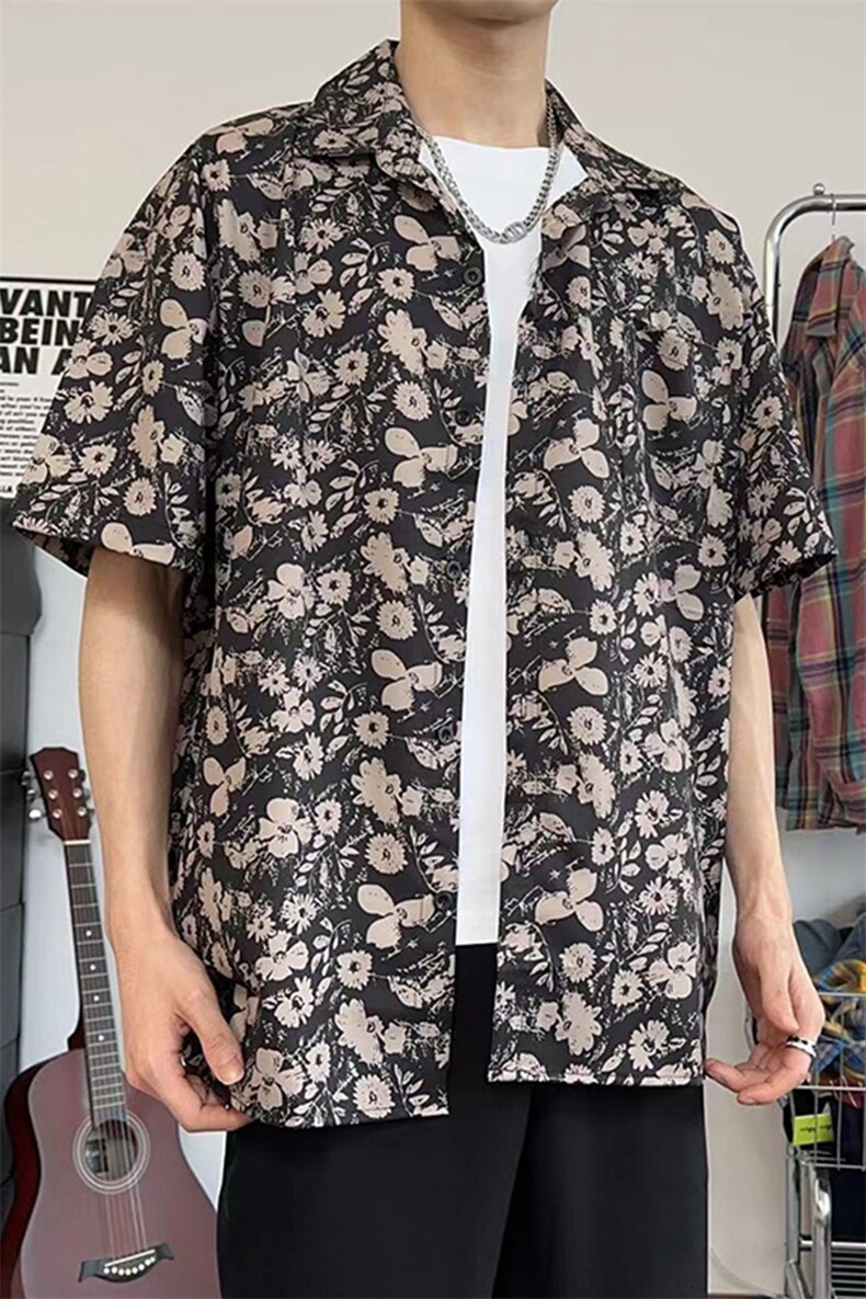 男女同款小众设计简约复古翻领黑花短袖衬衫DX101-特P30限价48,男装衬衫,电商A178
