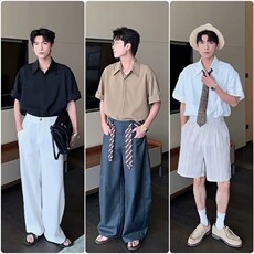 夏季新款高级感短袖衬衫男潮牌痞帅设计感小众宽松休闲五分半截袖，男装T恤，星座506A