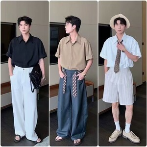 夏季新款高级感短袖衬衫男潮牌痞帅设计感小众宽松休闲五分半截袖图片