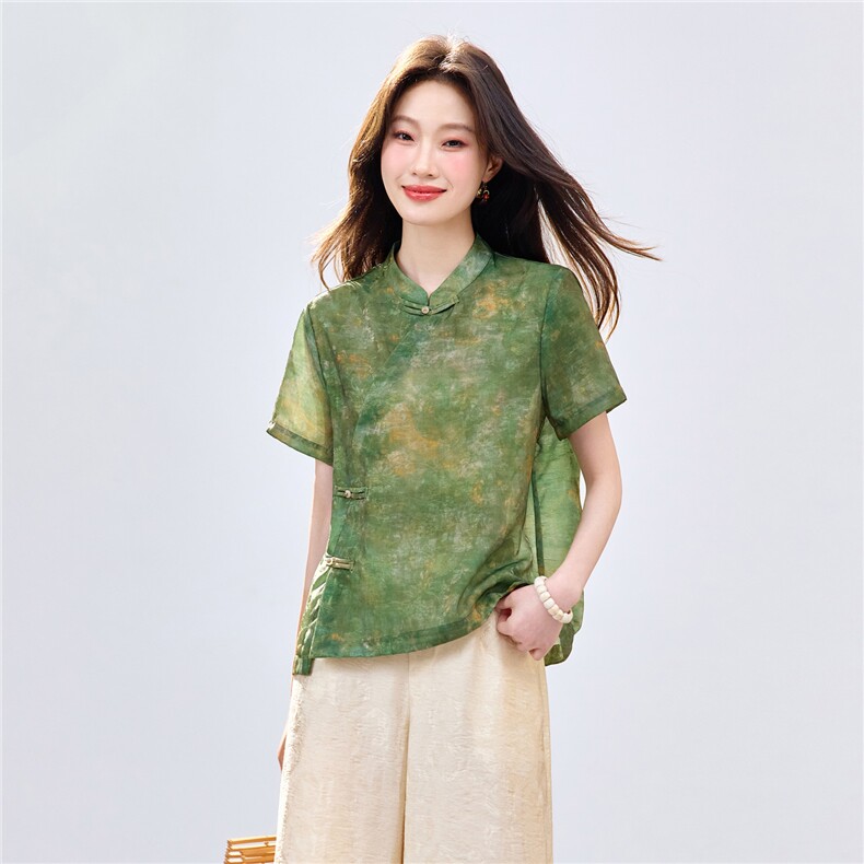 长期现货2026新中式印花上衣女夏季薄款透气短袖衬衫中老年妈宽松,女装衬衫,璐依舞