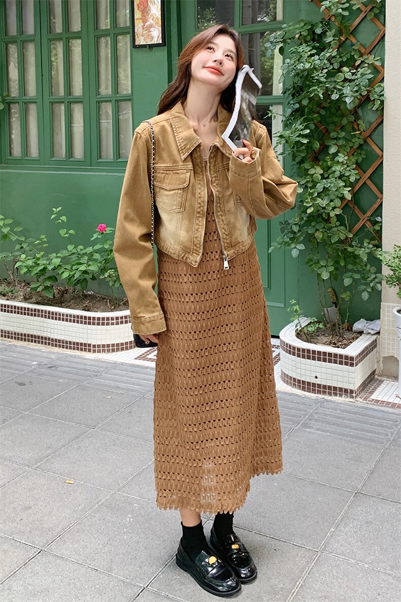法式高级感设计镂空吊带连衣裙套装新款牛仔外套两件套,女装套装/套裙,帛锦泉