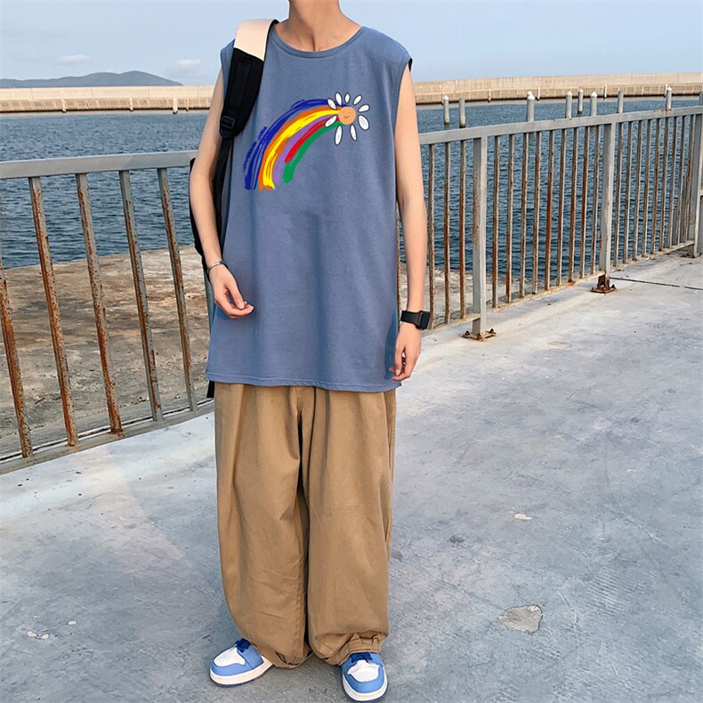 ！港风2023夏季无袖背心男加肥加大码宽松短袖T恤男BX264-P20,男装背心/马甲,电商B371