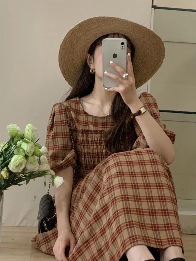 爆单格子连衣裙，女装连衣裙，唇蔻