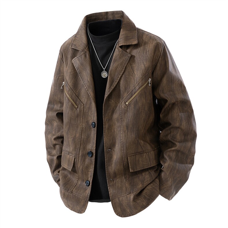 得物二开PU皮夹克男翻领机车服皮衣工装复古皮外套男JK1202-P105,男装皮衣,星座1103-3