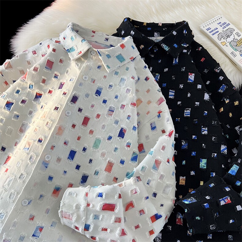 特P50无差价破洞流苏棋盘格长袖衬衫春夏男大码痞帅衬衣外套C848，男装衬衫，电商A001-1