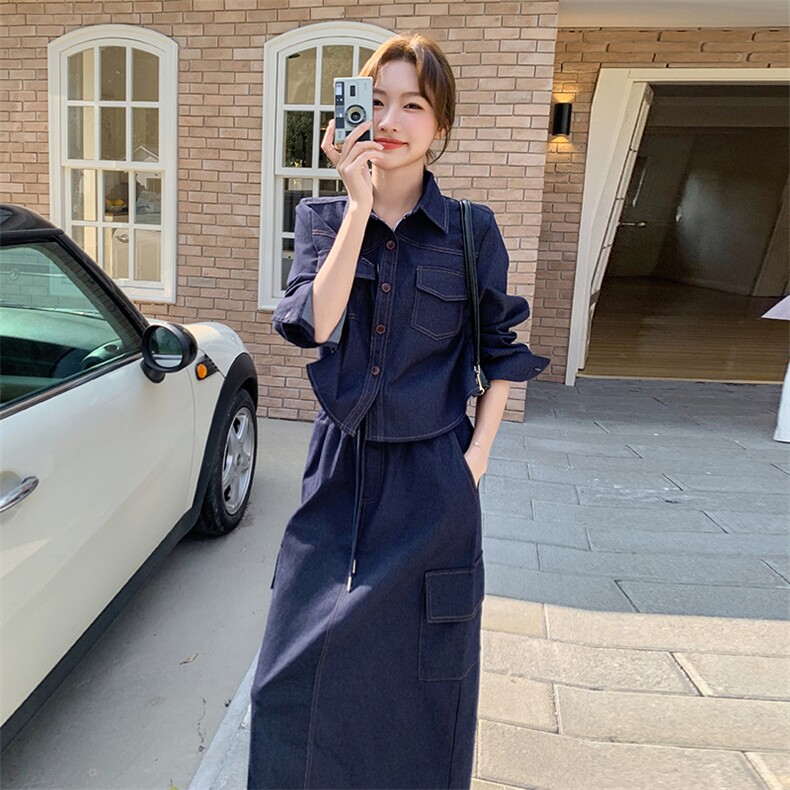 深蓝色时尚牛仔套装裙女2025春季新款学院风减龄衬衫半身裙三件套,女装套装/套裙,2D078