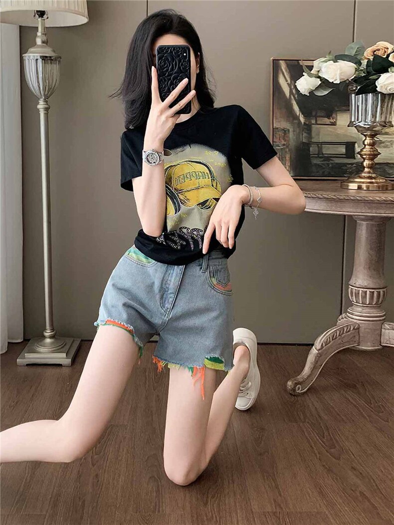 女夏季新款韩版运动休闲套装卡通印花圆领短袖宽松牛仔短裤两件套,女装套装/套裙,江南