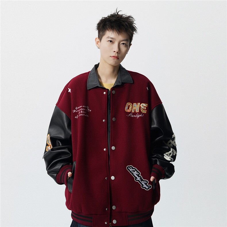 美式复古编织贴布夹克男秋季潮情侣棒球服潮牌拼接撞色外套,男装夹克,星座715-4