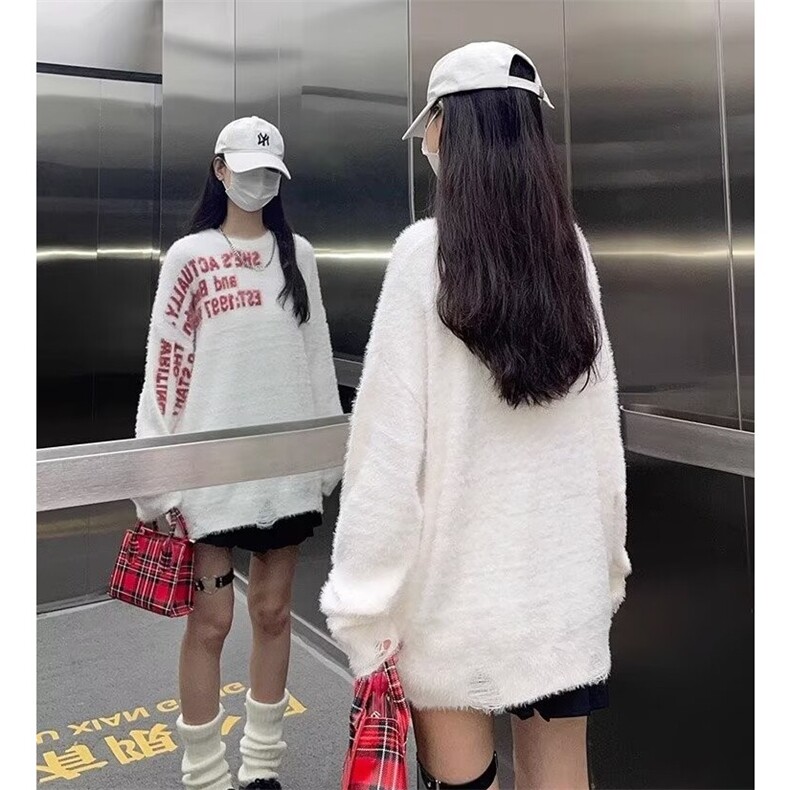 MM109-P68 软糯毛衣秋冬新款美式复古创意字母设计感宽松百搭针织图片