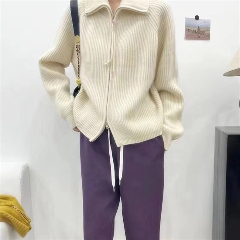 2024秋冬新款韩版宽松显瘦拉链翻领开衫,女装羊毛衫,珍珑羊绒