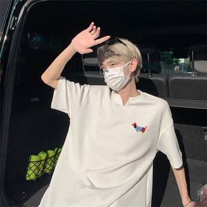 新款美式抖音直播得物痞帅肌理感V领短袖T7511P25控39图片