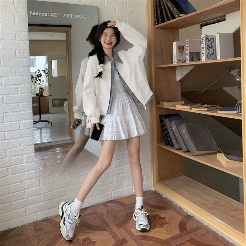 独特超火好看粉色假两件外套女春2025小众短款牛仔拼接棒球服夹克,女装短外套,多米2-075