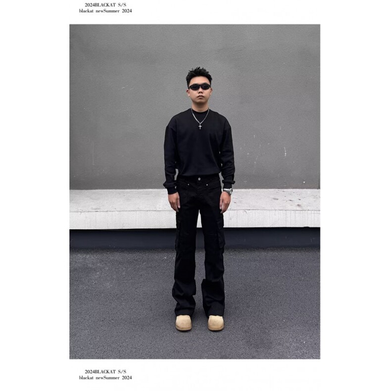 美式cleanfit口袋褶皱微喇休闲裤男高街嘻哈高级感宽松直筒长裤子,男装休闲裤,星座506A