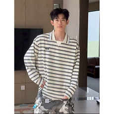 现货网图！陈伟霆同款条纹POLO衫V领长袖-EX51041-特批55，男装T恤，电商A061