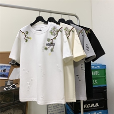 250克重磅开口笑破洞迎客松刺绣冰丝短袖美式T恤JF252-特P45控78，男装T恤，电商A422-1