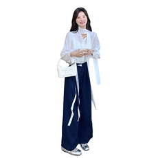 现货2D078-T1903-P155K238飘带衬衫+蕾丝裤子两件套，女装套装/套裙，2D078