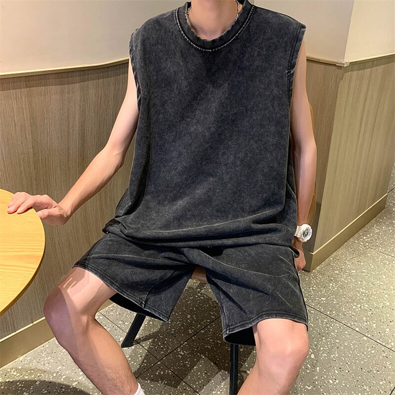 抖音得物品质二开240克重磅美式高街纯棉水洗做旧复古无袖T恤背心,男装T恤,电商A486-1