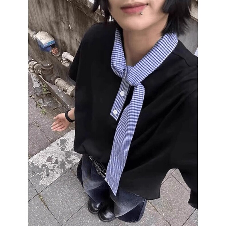 【有货】DTK24-特批40黑色领口格子拼接短袖夏季重磅正肩t恤半袖图片