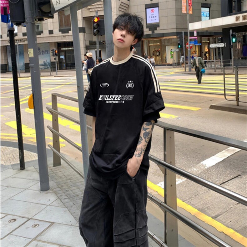 夏季美式高街重磅纯棉三条杠织带撞色男女短袖T恤ZD650-特P30,男装T恤,电商A486-1