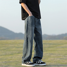 美式男阔腿裤复古男直筒宽松蓝色牛仔裤裤子长裤百搭大码春秋显瘦，男装牛仔裤，星座718-1