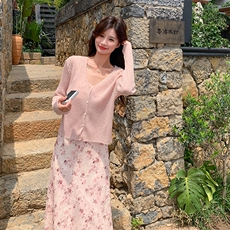 新品首木耳边吊带碎花连衣裙+开衫两件套-2d075-p175-k235，女装连衣裙，2D075