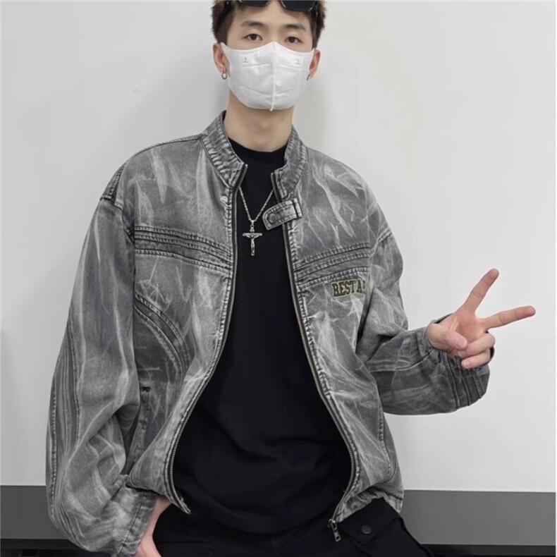 网络图美式复古扎染牛仔外套高街潮牌痞帅机车夹克RJ7016-P98，男装夹克，星座1005-4