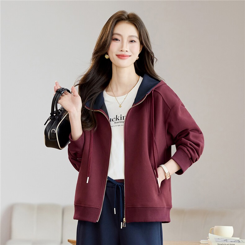 长期有大货卫衣开衫外套女2026春秋宽松安可拉红连帽显瘦气质上衣，女装短外套，璐依舞