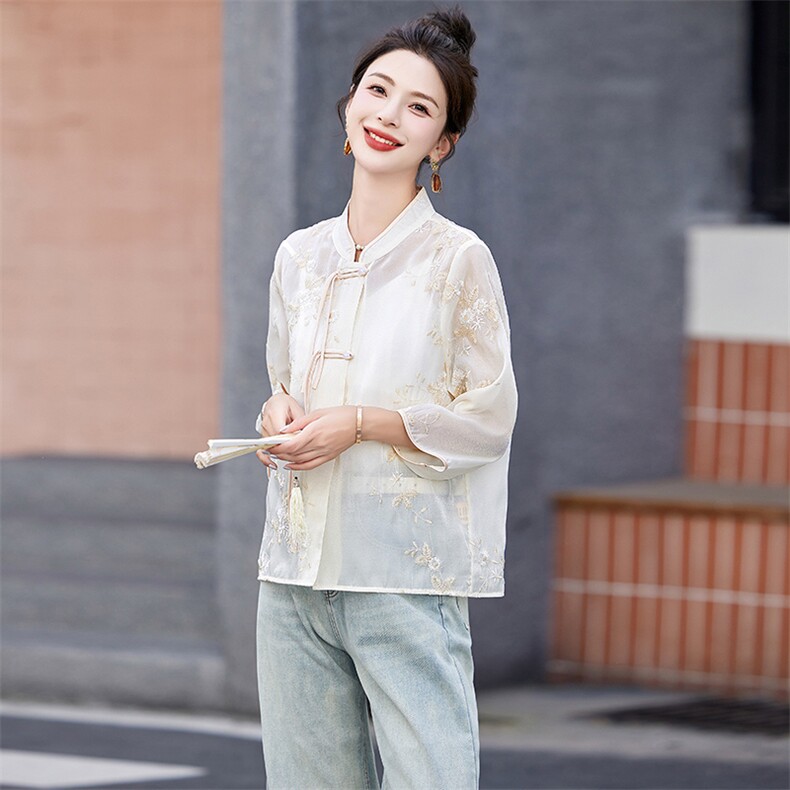 夏季防晒服女短款外套气质高级感显瘦薄款盘扣新中式国风防晒衣夏,女装T恤,香水丽阁