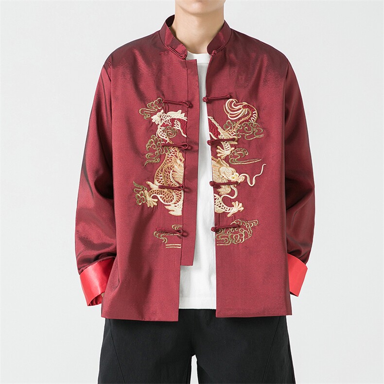 JK2318^风刺绣盘扣外套中式复古立领休闲男士龙图案夹克褂子，男装夹克，钱塘777(原3023)