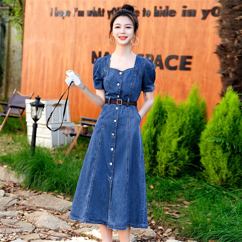 欧洲站方领牛仔连衣裙女2026年夏季修身显瘦高端气质复古A字长裙,女装连衣裙,印象茜