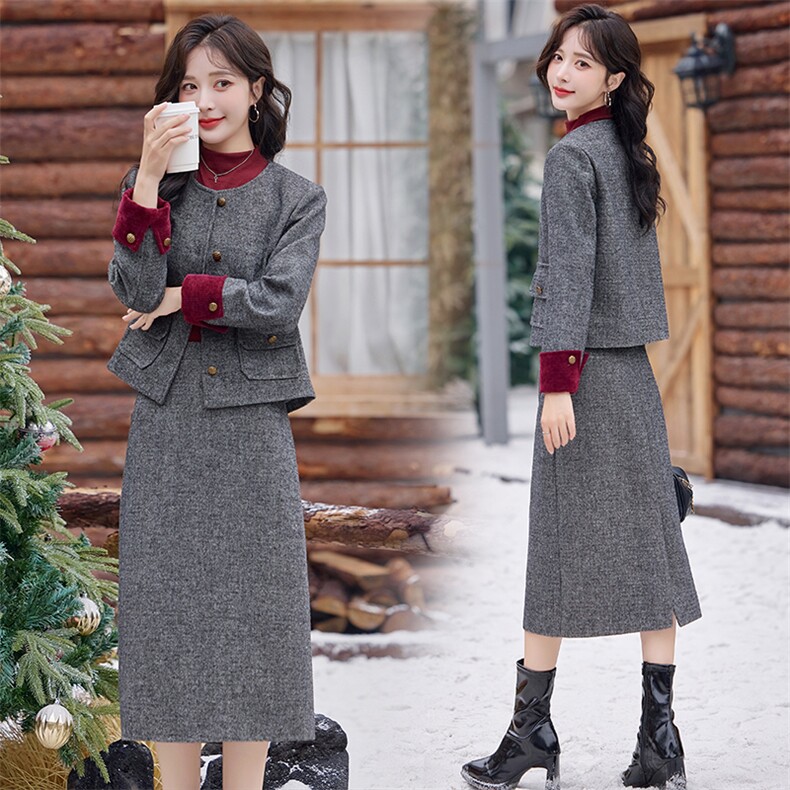 【bao款现货】2024秋冬新品毛呢两件套套裙韩版时尚修身气质香风，女装套装/套裙，兰菲阁