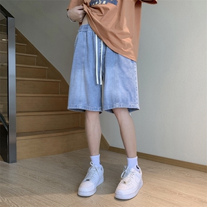 牛仔短裤男直筒裤港风宽松美式复古休闲抽绳牛仔裤D351-P40图片