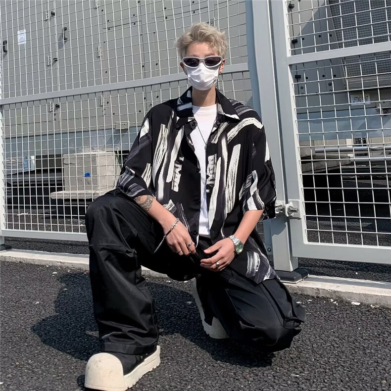夏季冰丝垂感短袖衬衫男宽松潮牌半袖衬衣1001-1-CS512-P35,男装衬衫,星座1001-1