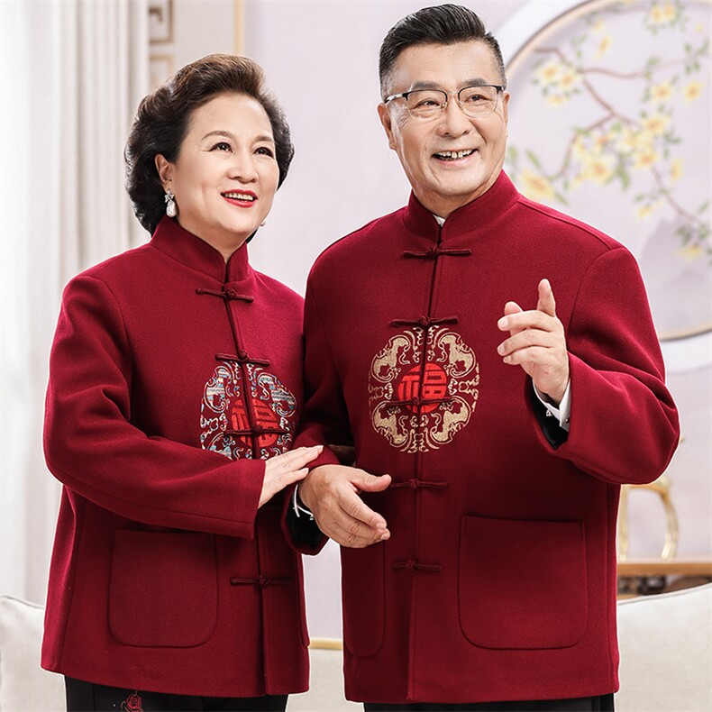 情侣装羊毛呢中老年秋款唐装套装男士风复古新中式双面呢唐装,男装休闲套装,钱塘723