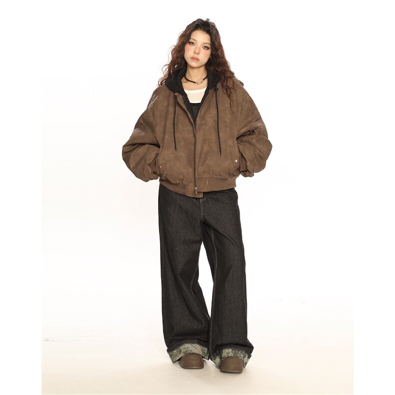 美式复古重磅双层假两件连帽皮夹克情侣飞行服310A-4-B965-P93,男装夹克,星座310A-4