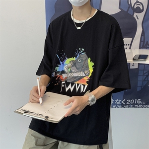 新款夏季男潮牌ins圆领宽松5五分袖卡通T恤 T611-P22图片