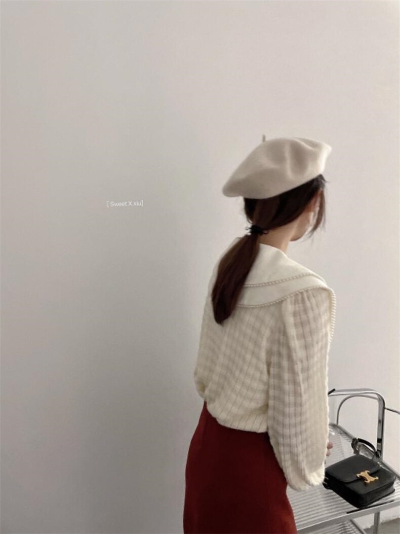 双珍珠领蕾丝磨毛上衣，其它，新袖