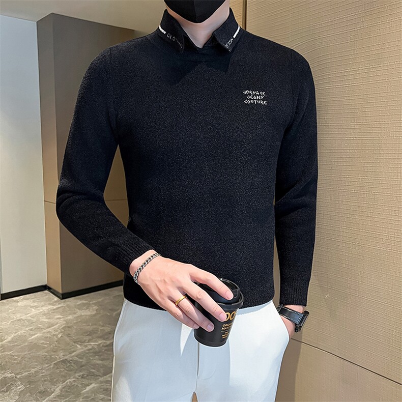 店主风小伙秋冬男修身衬衫领假二件针织毛衣301A-1/M66/P75控95,男装针织衫/毛衣,星座301A-1