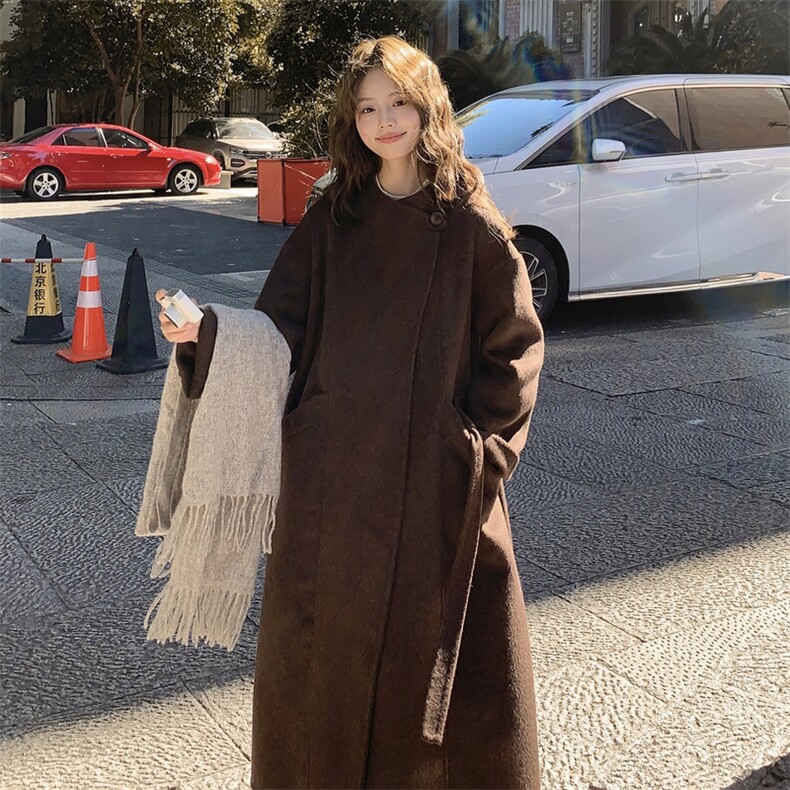 美拉德咖色双面呢羊毛大衣女冬季新款高级感长款温柔风茧型外套,女装毛呢外套,2D014