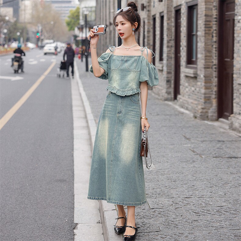 现货2023年夏季新款女装时尚气质显瘦高级炒洗风轻牛仔两件套,商品下架区,韩蜜菓