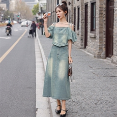 现货2023年夏季新款女装时尚气质显瘦高级炒洗风轻牛仔两件套，商品下架区，韩蜜菓